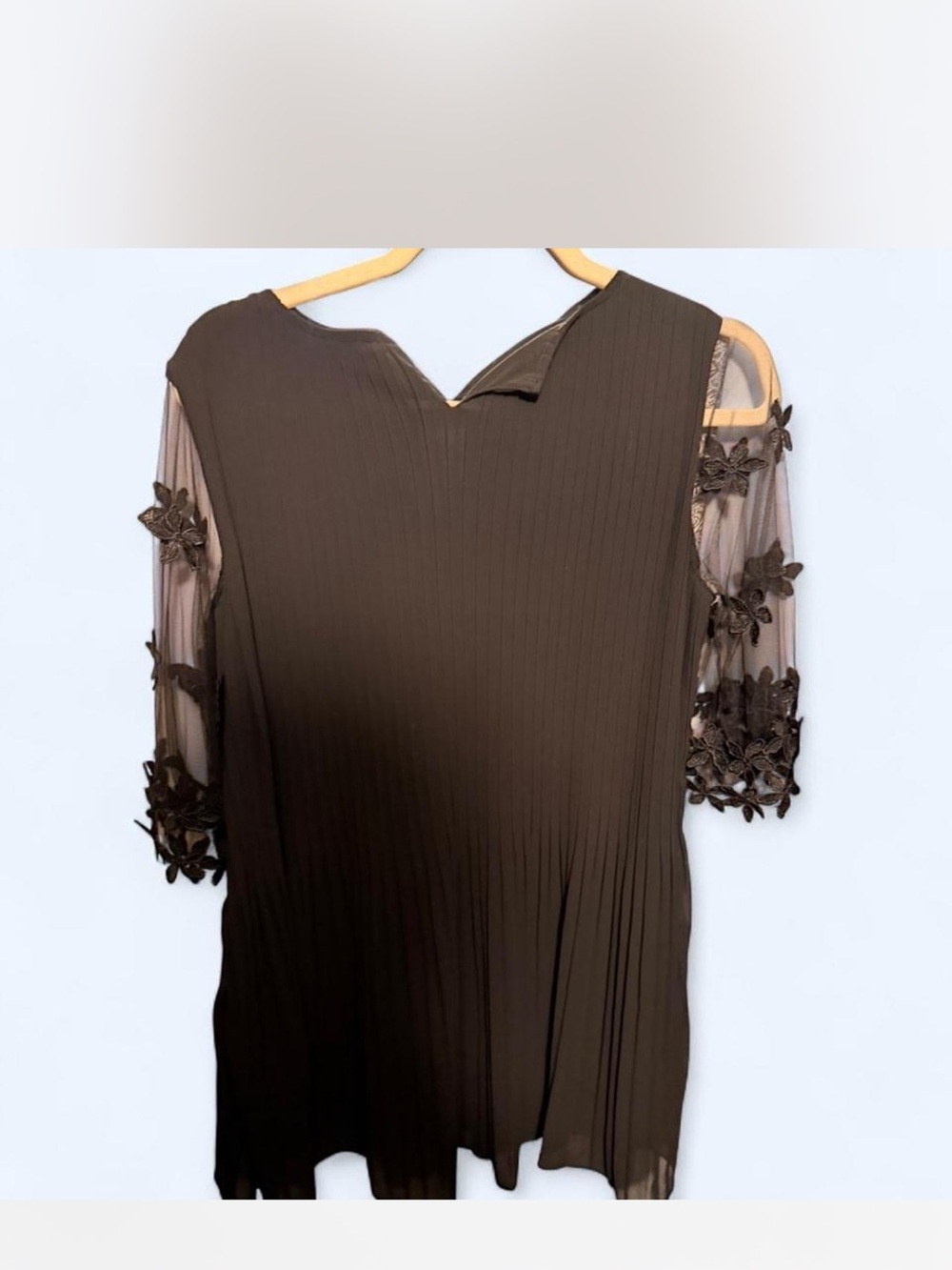 Miu Miu Black Pleated Mini Dress with Floral Sheer Sleeves